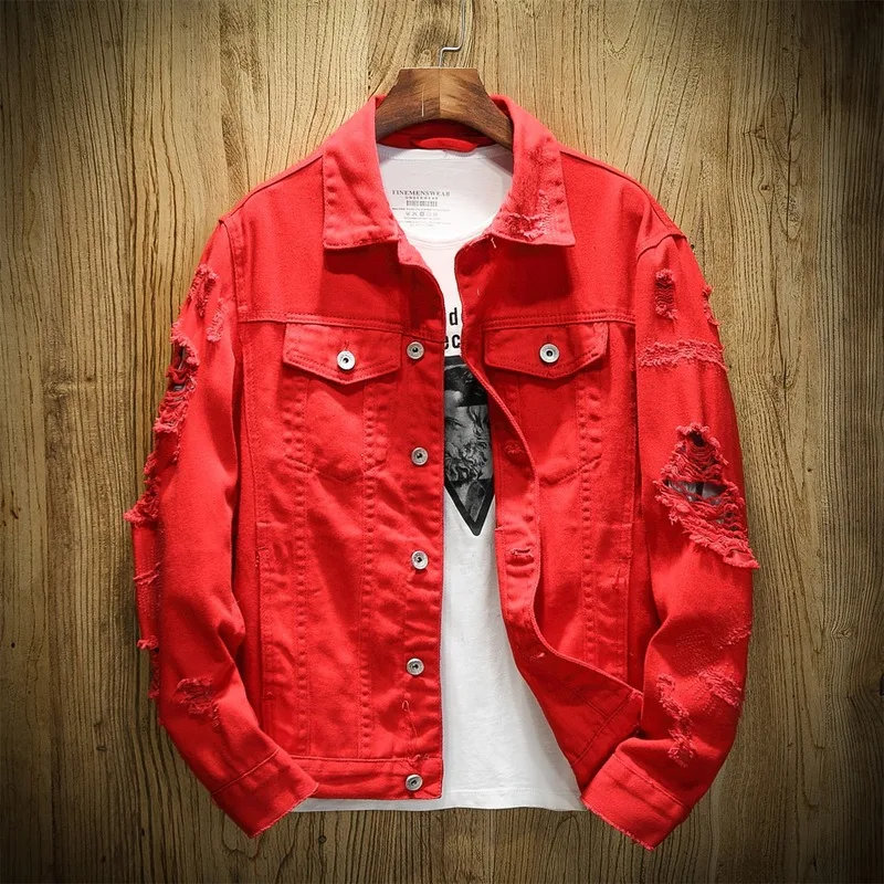 Осенняя Новая мужская джинсовая куртка приталенная хлопковая джинсовая куртка Красные Белые Черные рваные джинсовые пальто мужские
