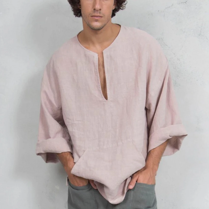 Pink t-shirt Египетская Саудовская Арабская мужская летняя льняная футболка средневековый Викинг пират рейнджер Косплей костюмы среднего возраста свободные топы с длинным рукавом Туника - Цвет: Pink t-shirt