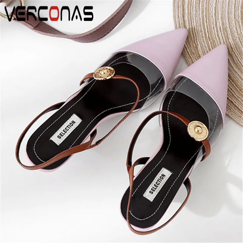 

VERCONAS 2020 Woman Sandals Woman Pumps Classic Design Genuine Leather Metal Decoration Pointed Toe Thin High Heeled Shoes Woman