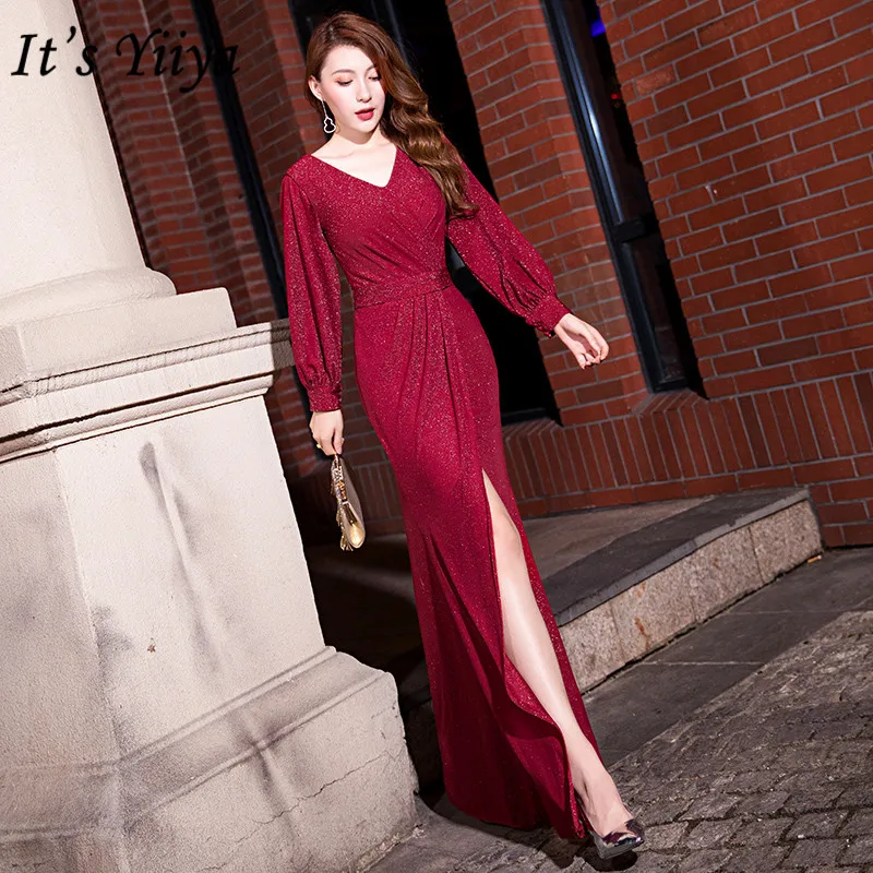 

It's YiiYa Burgundy Formal Gowns V-Neck Floor-Length Plus Size Dress Woman Party Sequined Long Sleeve Robe De Soiree K061