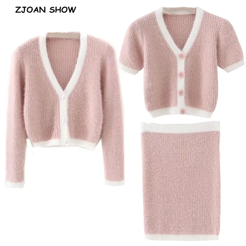 

Autumn Retro Shaggy Contrast color Cardigan Korea Single-breasted Button Knitted Cropped Sweater Package Hips Mini Skirt 1 Set