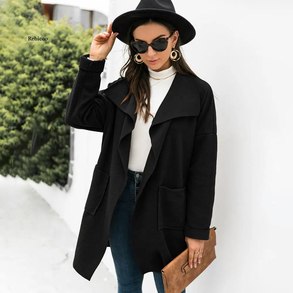 

Autumn Winter Casual Loose Cardigan Patchwork Design Lapel Long-Sleeved Women Jacket Fashion Women Top Solid Color Coat