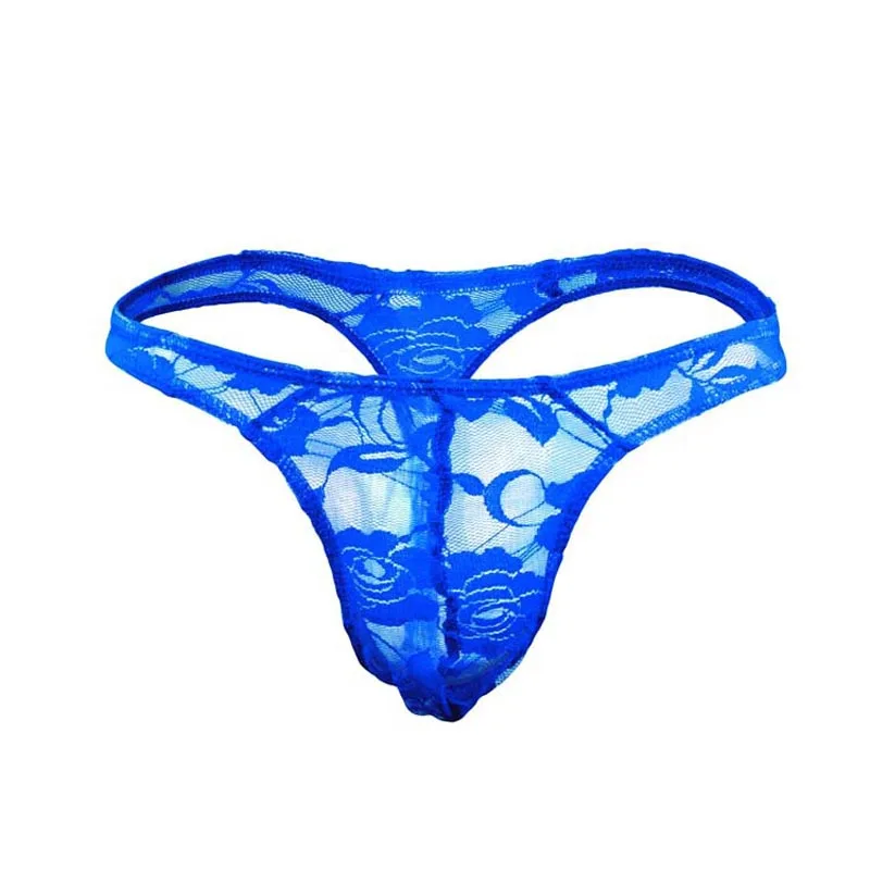 Сексуальные мужские кружевные прозрачные трусики для геев с низкой талией, хипстерские Цветочные кружевные бикини, нижнее белье ярких цветов - Цвет: Синий
