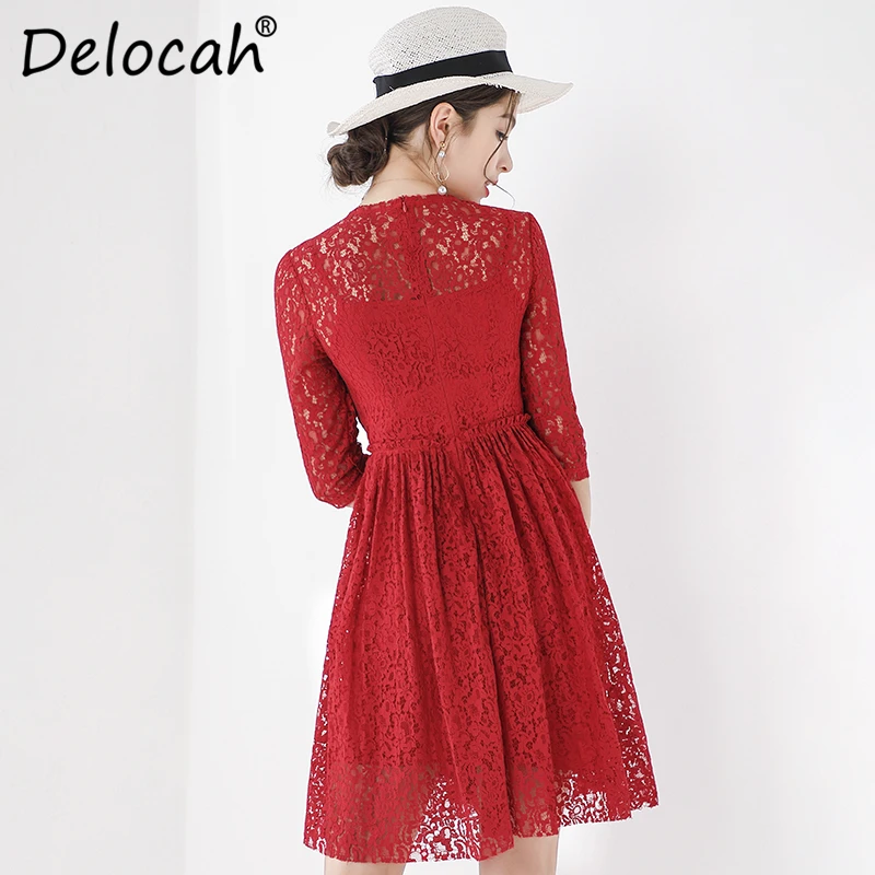 Delocah, модное осеннее красное мини-платье для подиума, женское платье с коротким рукавом, кружевное, с вырезами, с сборкой талии, элегантные винтажные короткие платья