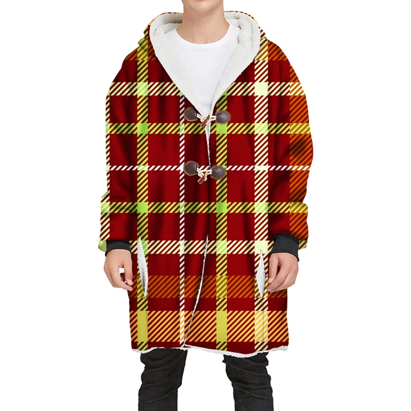 YOUTHUP New Winter Mens Long Velvet Hoodies 3D Different Plaid Printing Hooded Pullovers Thick Hoodies Streetwear - Цвет: SCA93D-JRMY-086