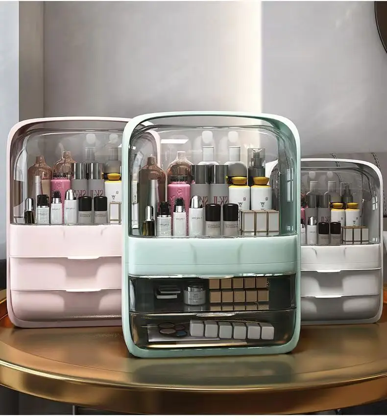 Moda nova maquiagem organizador grande capacidade à prova dwaterproof água e dustproof banheiro caixa de armazenamento cosméticos desktop beleza gaveta armazenamento