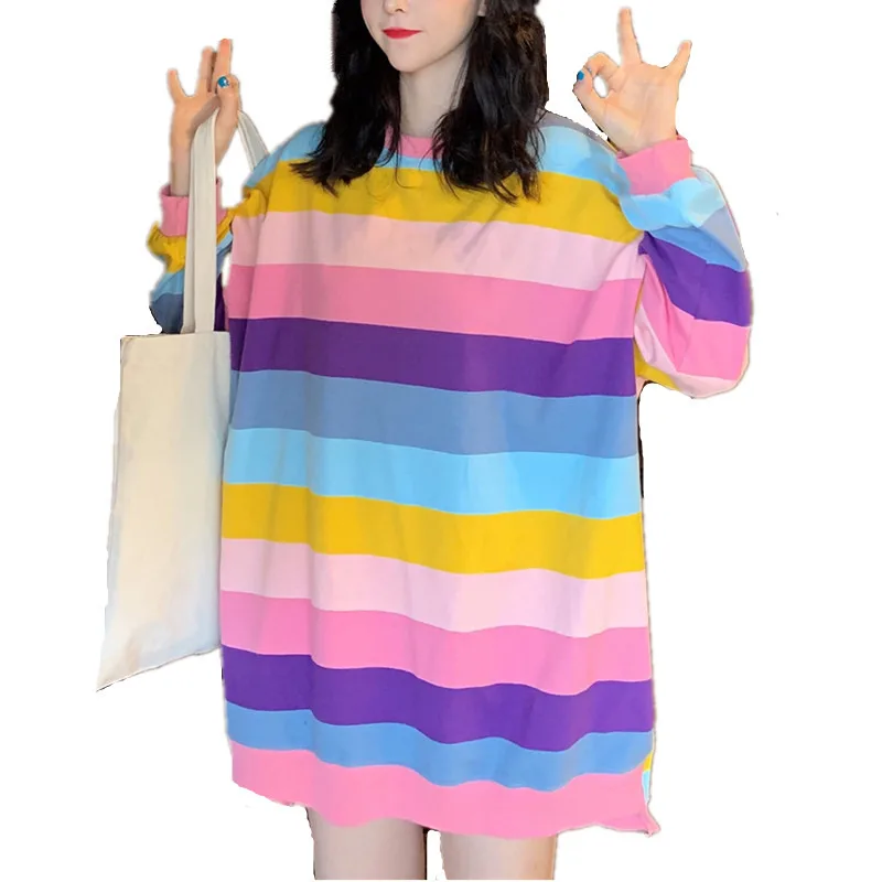 

Korean Women Candy Color Pullover Rainbow Stripe Hoodies Teen Girl Students Oversized Long Sweatshirts Street Fashion Loose Tops