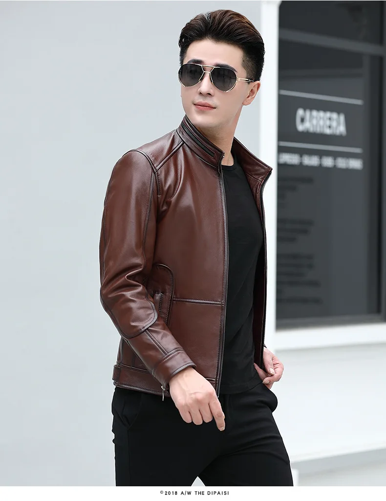 Натуральная кожа Одежда Мужская короткая первый слой кожаная куртка Slim Fit Стенд воротник Haining куртки весна и осень Молодежная Coa