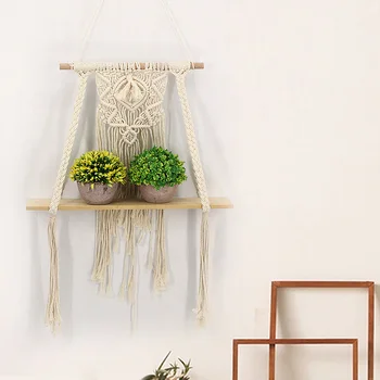 

Bohemian Art Decor Macrame Wall Hanging Decor And Wall Hanging Shelf Single Tier Wood Floating Hanging Shelf Organizer Hanger