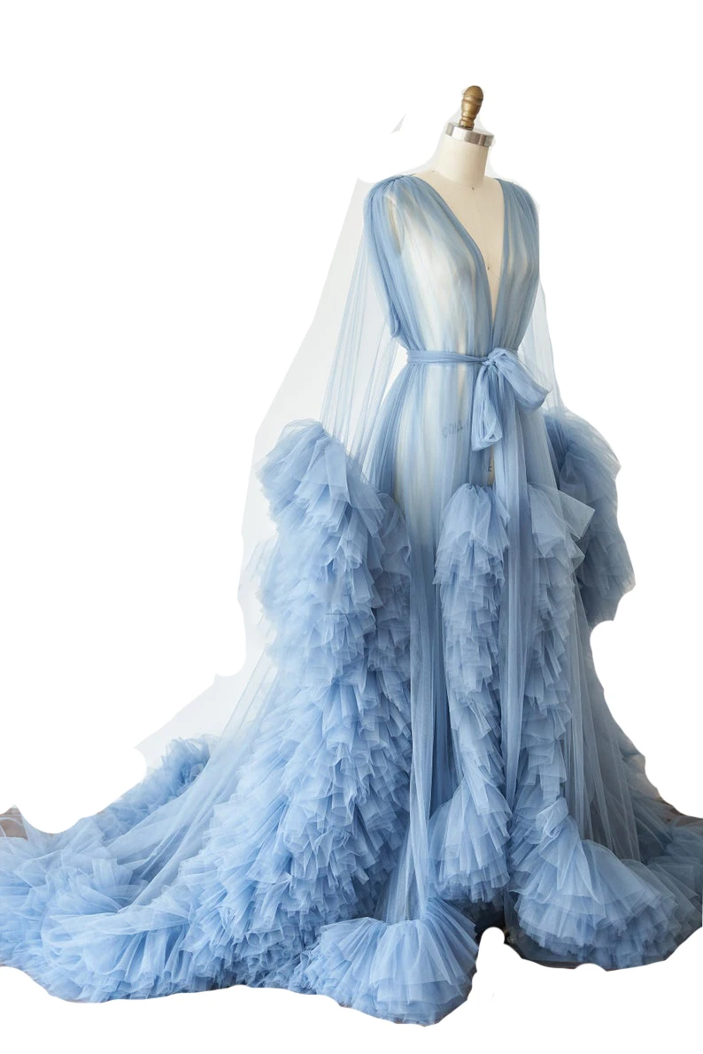 Bathrobe for Women Sky Blue Feather Full Length Lingerie Nightgown Pajamas Sleepwear Women\'s Luxury Gowns Housecoat Nightwear