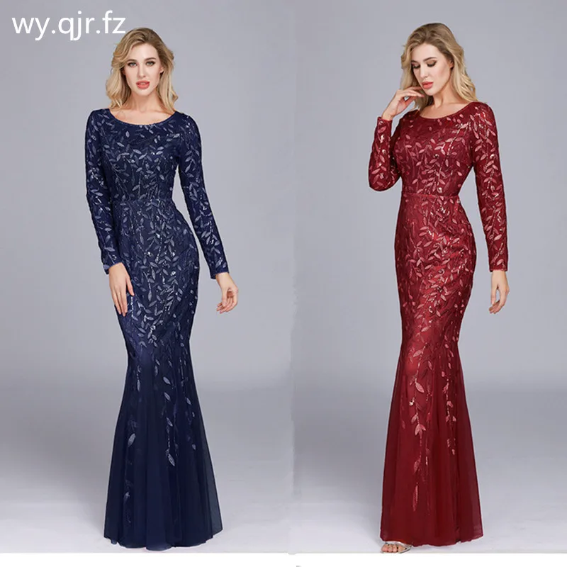 HJQ-006# вечернее платье с круглым вырезом и длинным рукавом, вечерние платья для выпускного вечера, темно-синие платья с вышивкой, опт