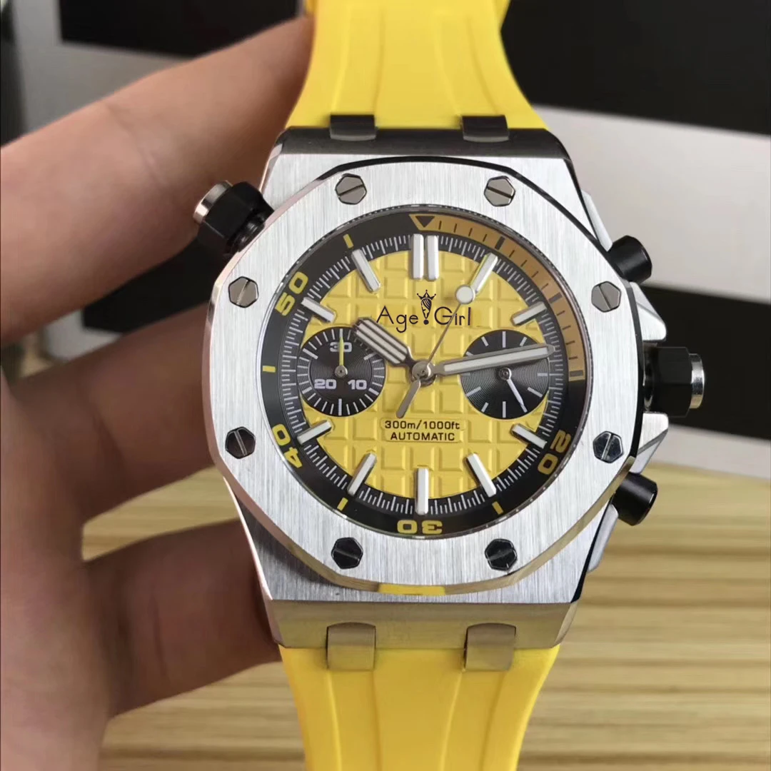 

Luxury Brand New Men Automatic Mechanical Sapphire Back See Through Silver Yellow Rubber Stainless Steel Sport Watch