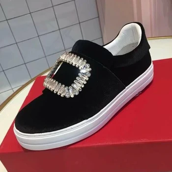

Luxury Velvet Loafer Shoes Women Round Toe Rhinestone Diamond Square Buckle Thick Bottom Runway Outdoor Causal Shoes Woman 2020