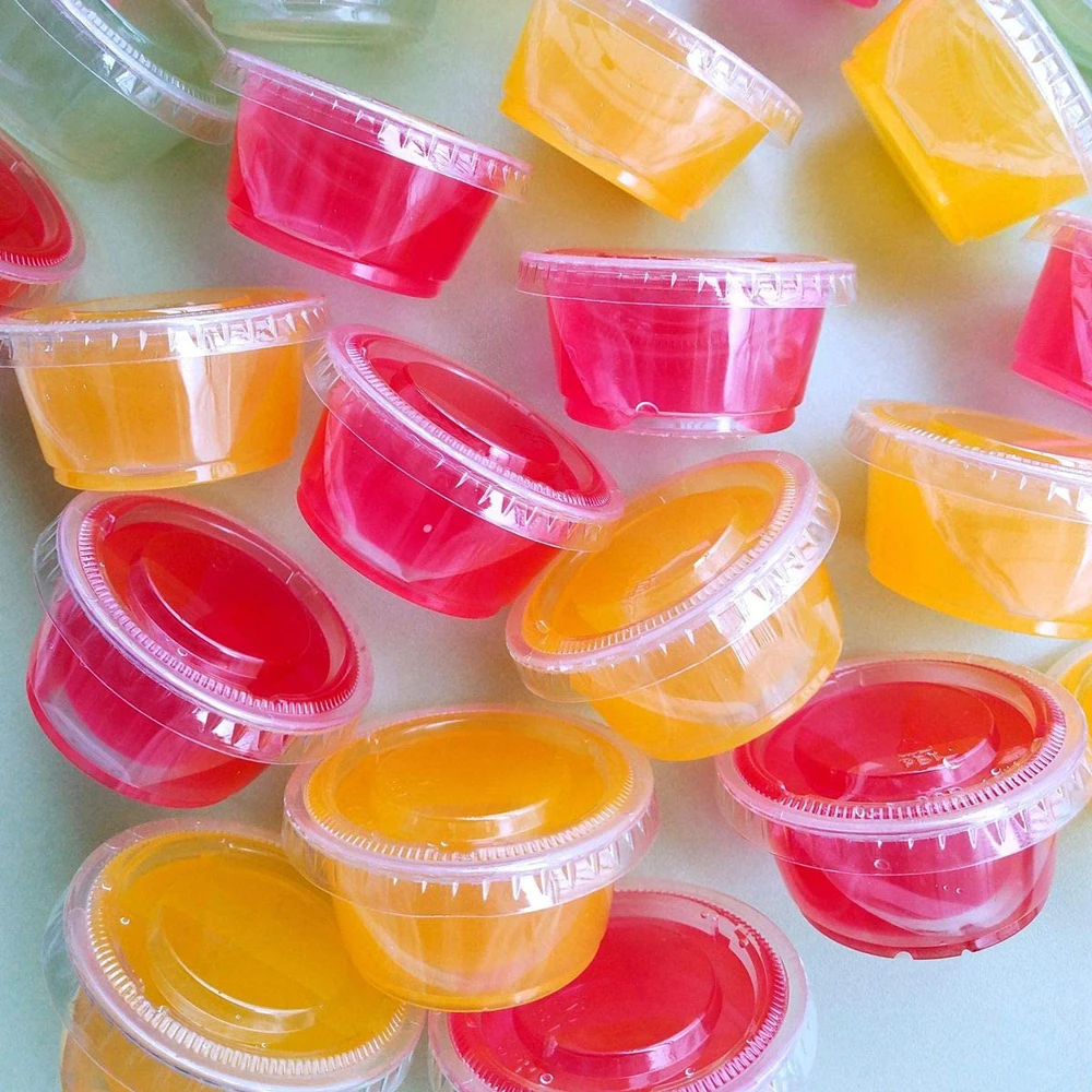 ( 3.4 oz. 100 Sets) Disposable Plastic Portion Cups with Lids, Condiment Cups, Jello Shot, Souffle Portion, Sampling Cups Clear