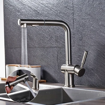 

Brushed Nickel Pull Out Kitchen Faucet 360 Rotation H/C Mixer Tap Pull Out Spray Kitchen Basin Faucet Torneira Cozinha
