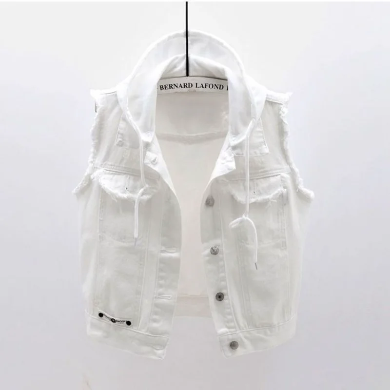 

2021 New Women Spring Autumn Fashion Hooded Denim Jacket Waistcoat Black White Vest Female Short Vest Sleeveless Coat DURIKIES