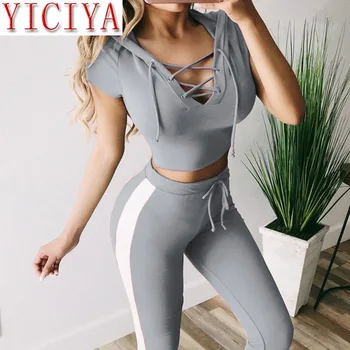 

2020 Summer 2 Piece Set Women Sexy Bandage V-neck 2 Piece Top And Pants Long Pants Suit Female Short Sleeve Crop Tops Tracksuit