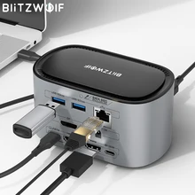 BlitzWolf BW-TH12 14-em-1 USB Hub Docking Station com M.2 SATA 3.0 NGFF SSD Enclosure HD 4K/60HZ Triple Display USB 3.0 1000Mb/s RJ45 HDMI compatível com PC Windows MacOS USB-C Hub Docking Station