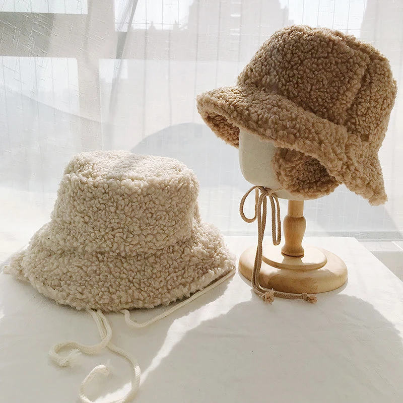 

Women 2020 Winter Faux Lambswool Bucket Hats Outdoor Windproof Warm Thicker Lady Panama Fisherman Sun Hat With Ear Protection