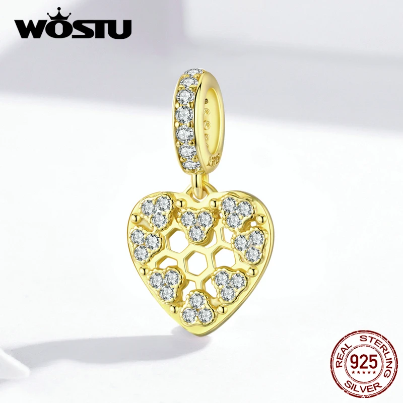 WOSTU, 925 пробы, серебряные пчелиные соты, золотые бусины, циркон, сердце, подвески, подходят к оригинальному браслету, ожерелье, серебряные ювелирные изделия DXC1410