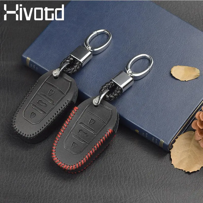 

Hivotd For Peugeot 3008GT 3008 5008 leather key cover with button-like shell decoration automotive keychain interior accessories