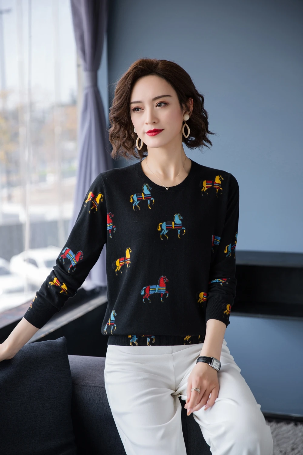 YISU Cartoon horse pattern Printed Sweater Women 2020 Autumn Winter Fashion Knitted Jumper Long Sleeve Pullover Sweater Women yellow sweater