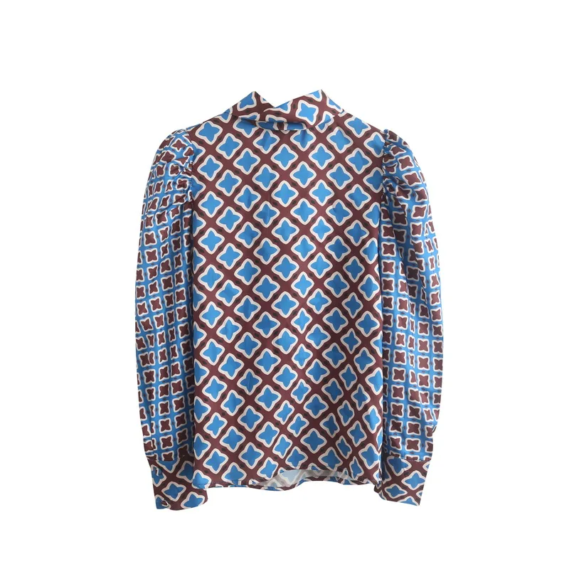 Tanie Damska koszula z długim rękawem jesień 2019 nowych moda geometryczne wzory wzór Modern Lady bufiaste rękawy bluzki bluzki