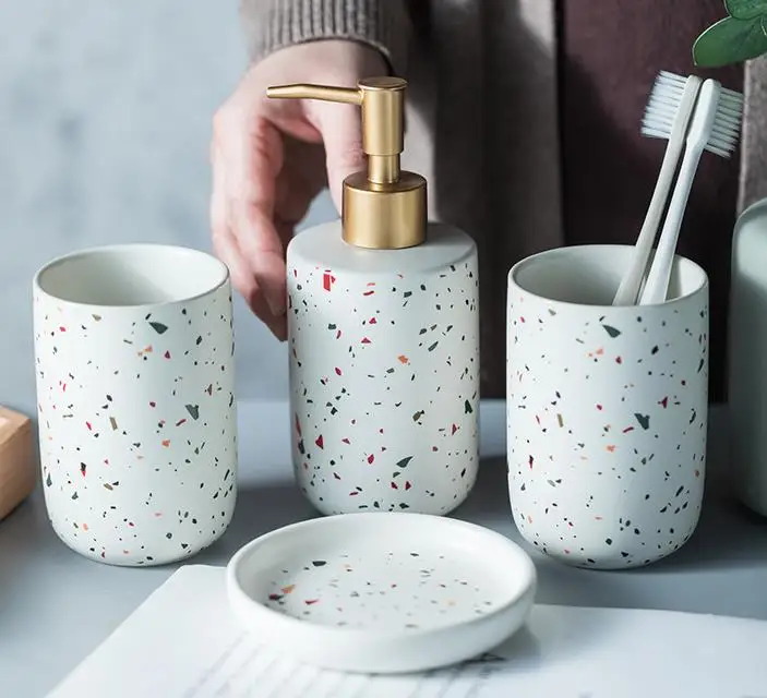 Terrazzo Ceramic Bathroom Decor Set Emulsion Bottle Gargle Cup Image 3