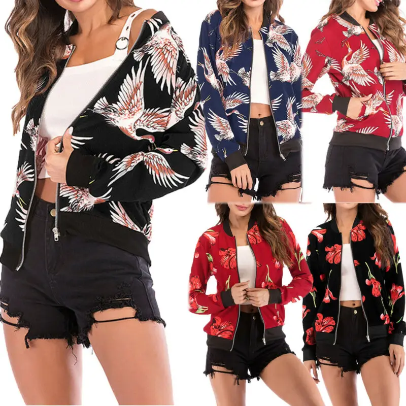 

Fashion Women's Retro Floral Zipper Bomber Jacket Clothes Casual Coat Outwear Zipper