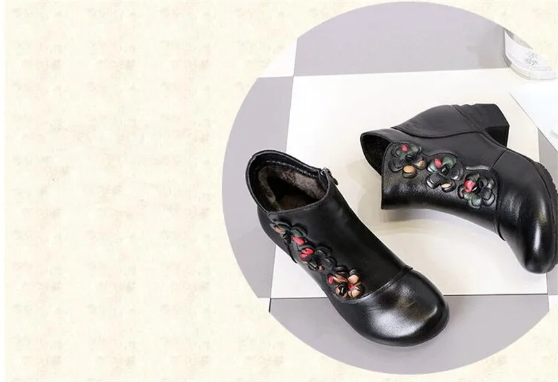 YAERNI Autumn Winter Shoes Woman Cow Leather Flower Shoes Comfort Med Heel Ankle Boots Genuine Leather Fashion Shoes women