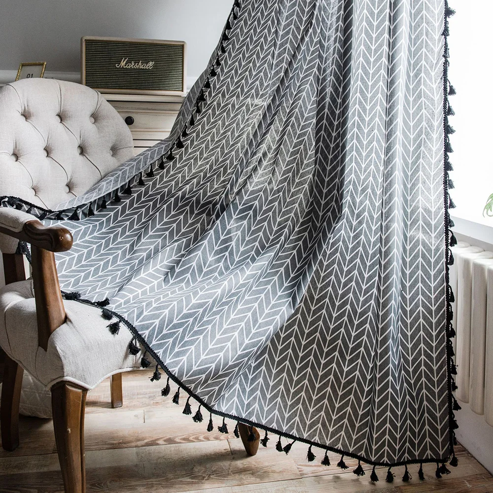 Modern Grey Curtain With Tassel For Living Room Blinds French Windows Cotton Semi Blackout Finished Curtains | Дом и сад