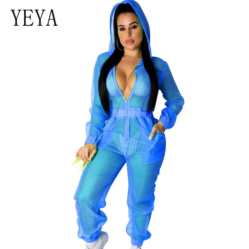 

YEYA Newest Elegant Long Sleeve See Through Playsuits New Fashion Hooded Loose Organza Sexy Perspective Jumpsuits Women Overalls