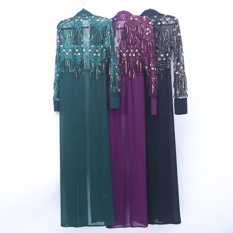 

Modest Sequin Tassel Women Abaya Muslim Cardigan Kimono Plus Size Femme Long Chiffon Dress Blouse Camisas Mujer Roupas Feminina