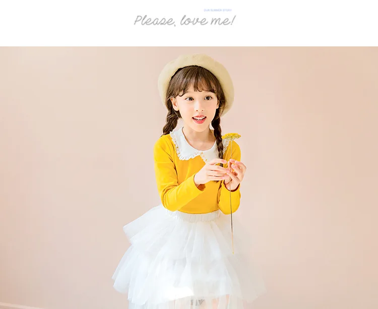 Back To School Clothing Peter Pan Collar Cotton Girls Tops Kids T Shirts Girl Yellow Pink Big Girl Tshirt Children Autumn