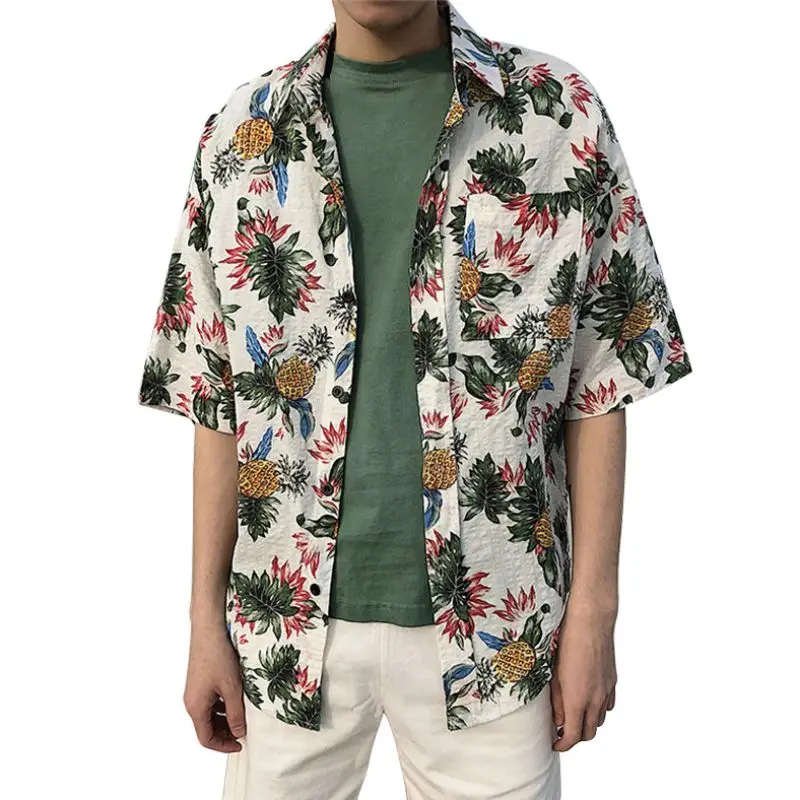 Men Fashion Summer Shirts Leaves Flower Pineapple Print Loose Short Sleeve Shirt Male Hawaiian Style Beach Shirt x