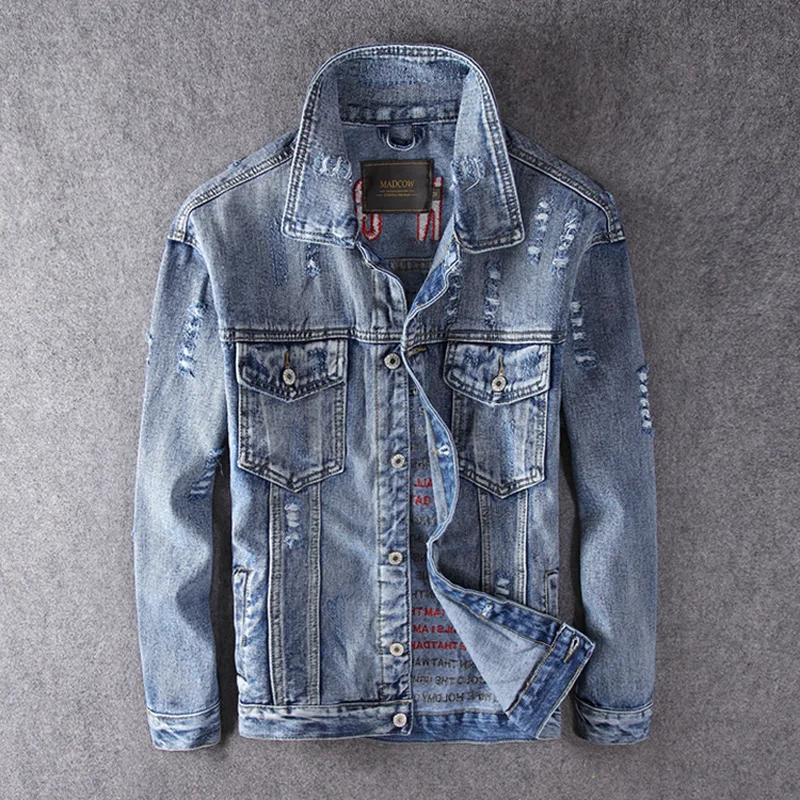 

Fashion Streetwear Men Jackets Blue Color Embroidery Designer Destroyed Denim Coats Ripped Biker Jackets Hip Hop Jackets Hombre