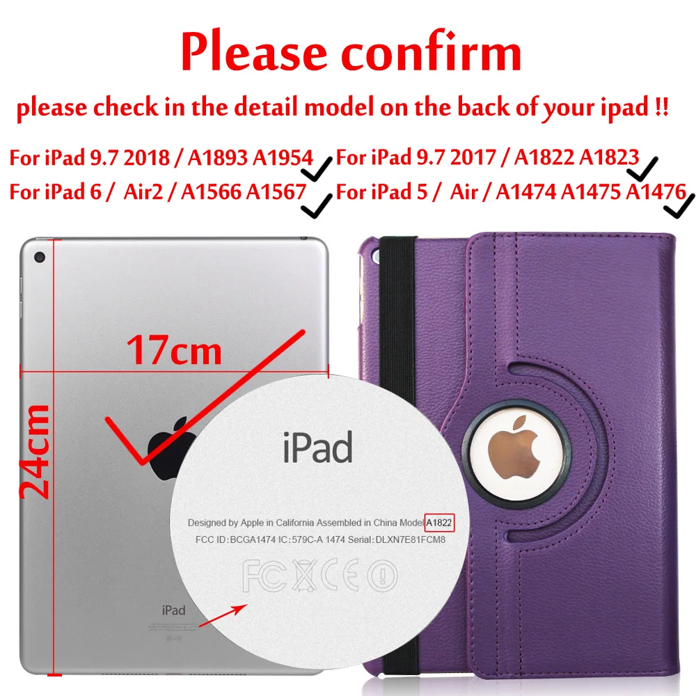 Для iPad 5/6/Air 2 чехол s Чехол для iPad 9,7 360 Вращающийся умный Авто Режим сна/Пробуждение чехол для iPad 5th 6th - Цвет: Purple