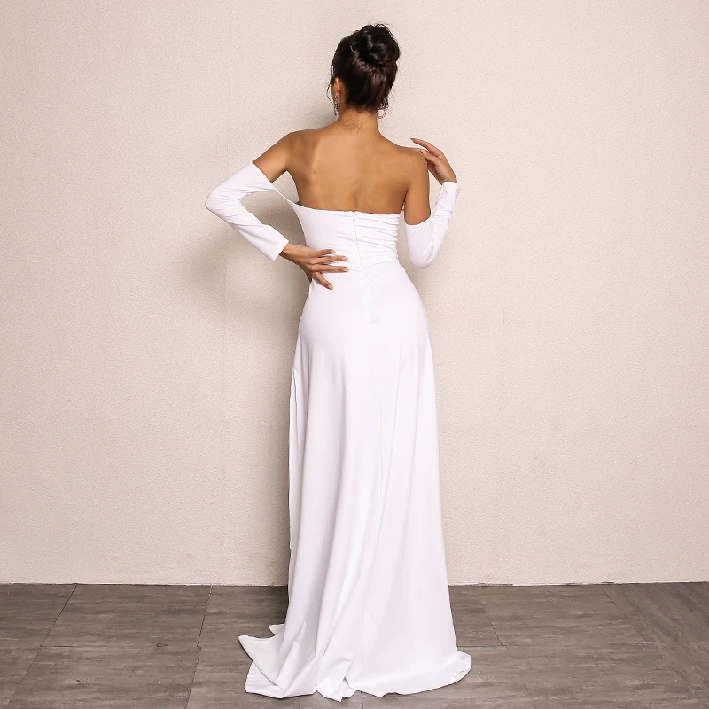 Yissang Белое Женское платье с открытыми плечами, летнее сексуальное Белое Макси платье с длинным рукавом, элегантные вечерние платья с высоким разрезом, Vestidos