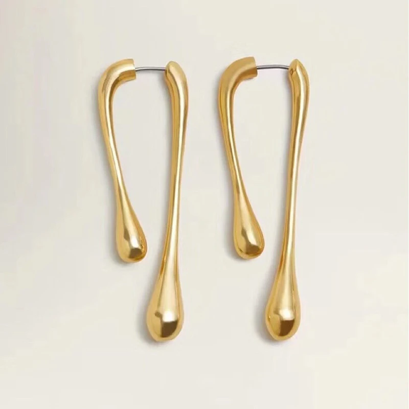 

SRCOI Gold Color Metal Water Droplets Shape Stud Earring 2019 Geometric Long Double Line Stud Earrings Women Girl Party Jewelry