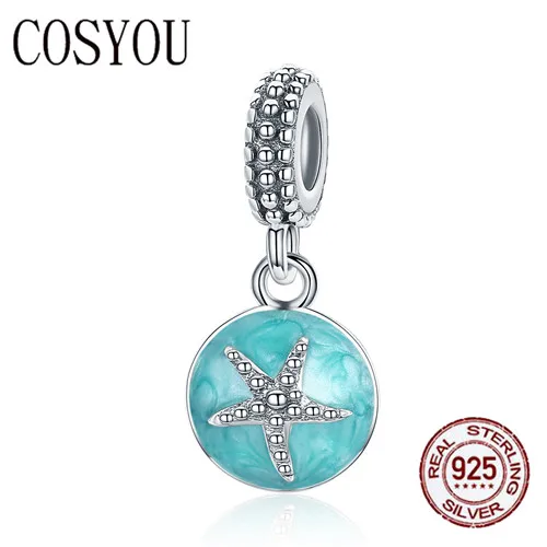 

COSYOU Summer Collection 925 Sterling Silver Clear CZ Starfish & Sea Green Enamel Pendant Charm fit Bracelet Jewelry S925 SCC136