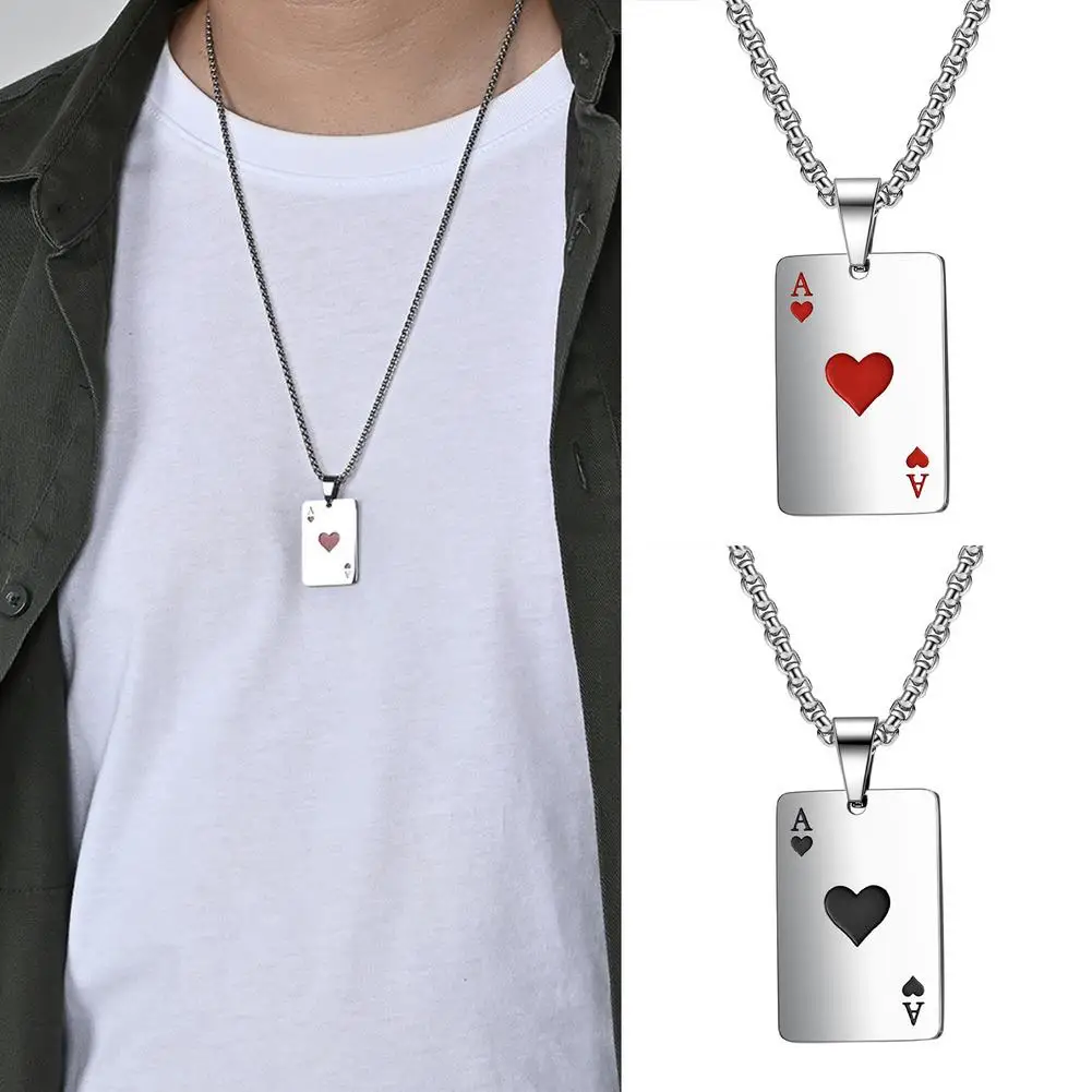 Men's Fashion Necklace Playing Card Pendant Necklace Lucky Ace Of Spades Heart A Card Necklace Charm Pendant Chain Punk Jewelry 1