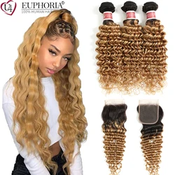 Ombre Blonde Deep Wave Brazilian Remy Human Hair 3 Bundles With Closure Bundle With 4x4 Lace Closure Blonde T1B/27 Hair Euphoria