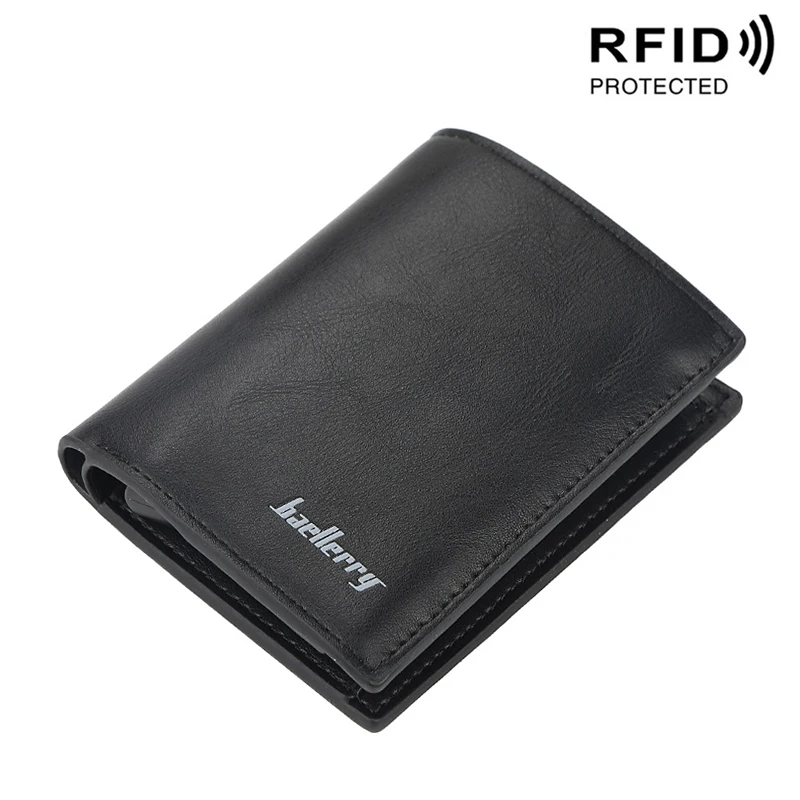 Короткий Rfid держатель для карт, мужские кошельки, сумка для денег, Мужской винтажный черный короткий кошелек, маленькие кожаные тонкие кошельки, маленькие кошельки, тонкие - Цвет: Черный