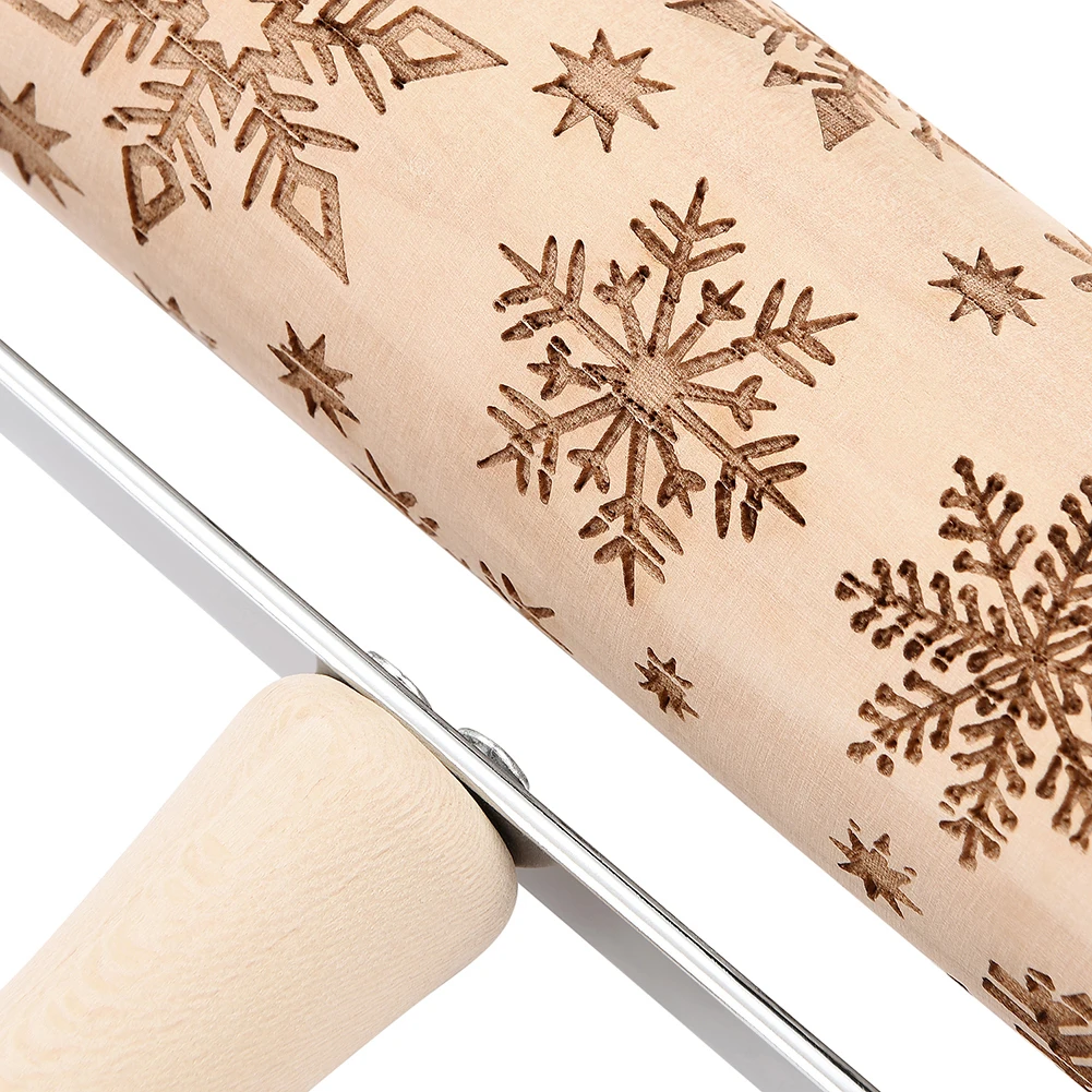 Christmas Wooden Elk Tree Snowflake Engraved Rolling Pin Embossing Dough Roller Holiday Baking Supplies