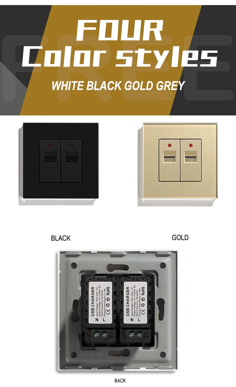 Painel branco dourado preto 86mm 5v 1.1a