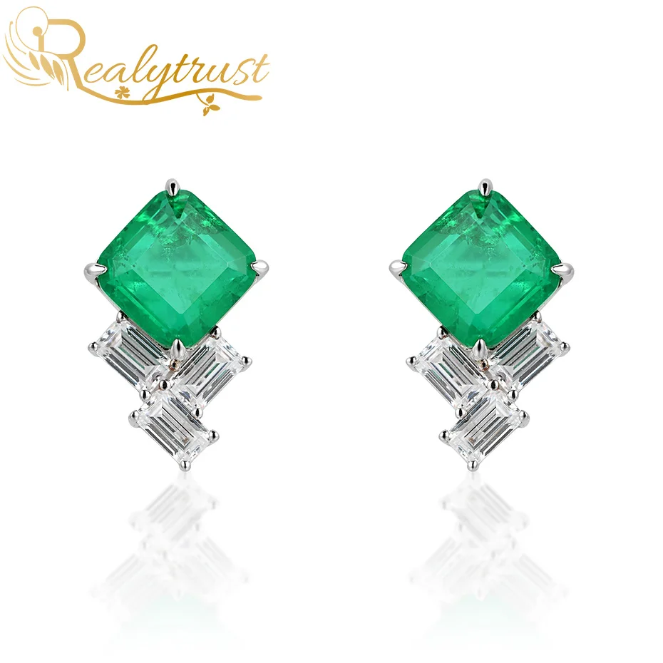 

Realytrust Fashion 9*9mm Square Colombia Emerald Gemstone Stud Earrings for Women Solid 925 Sterling Silver Earrings Wedding