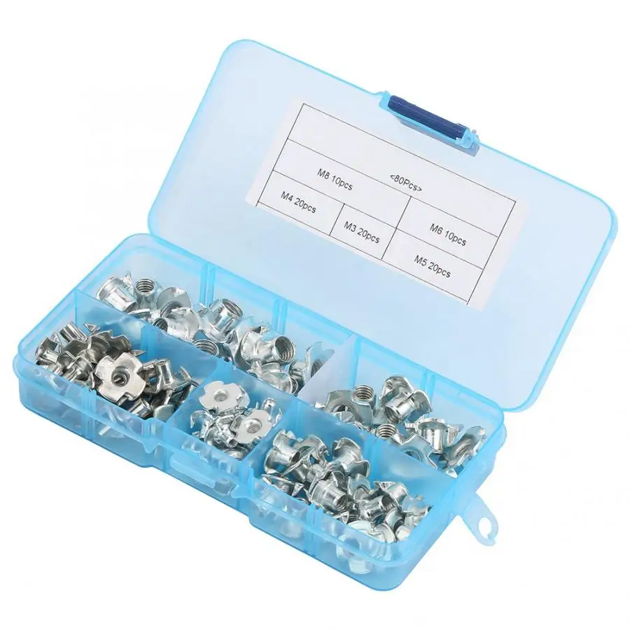 

Stainless Steel Square Nuts 80pcs Carbon Steel T Nut Four-Pronged M3/4/5/6/8 Tee Nuts Kits For Woodworking Furniture Reliable