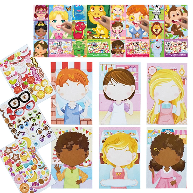 Kids DIY Stickers Puzzle Games Make-a-Face Princess Animal Dinosaur Assemble  Jigsaw Children Recognition Training Education Toy