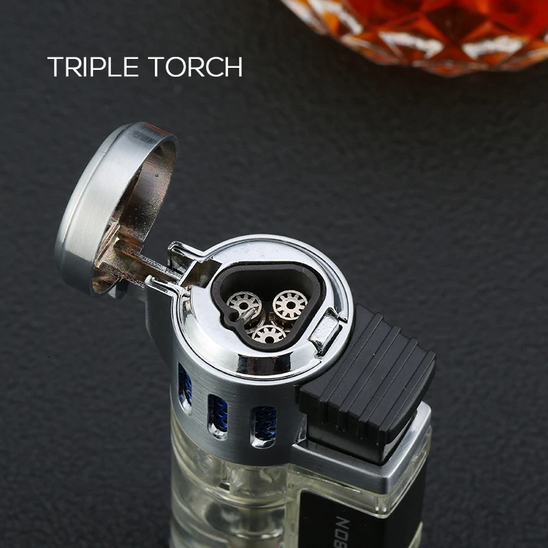 Compact Cigar Lighter Inflatable Triple Torch Windproof Jet Flame Adjustable Lighters Fuel Visible Butane Gas Lighter Cigarette Lighter