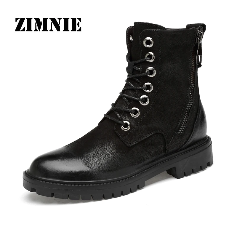 ZIMNIE Autumn Winter Men Motorcycle Boots Genuine Leather Lace-Up Boots Black Khaki British Style Men Boots Big Size 37-47